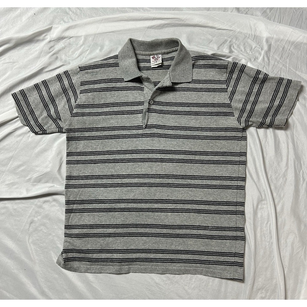 Mens Large Vintage Polo Shirt Hi Li Sports Gray Black Stripe Made In USA 80's FL